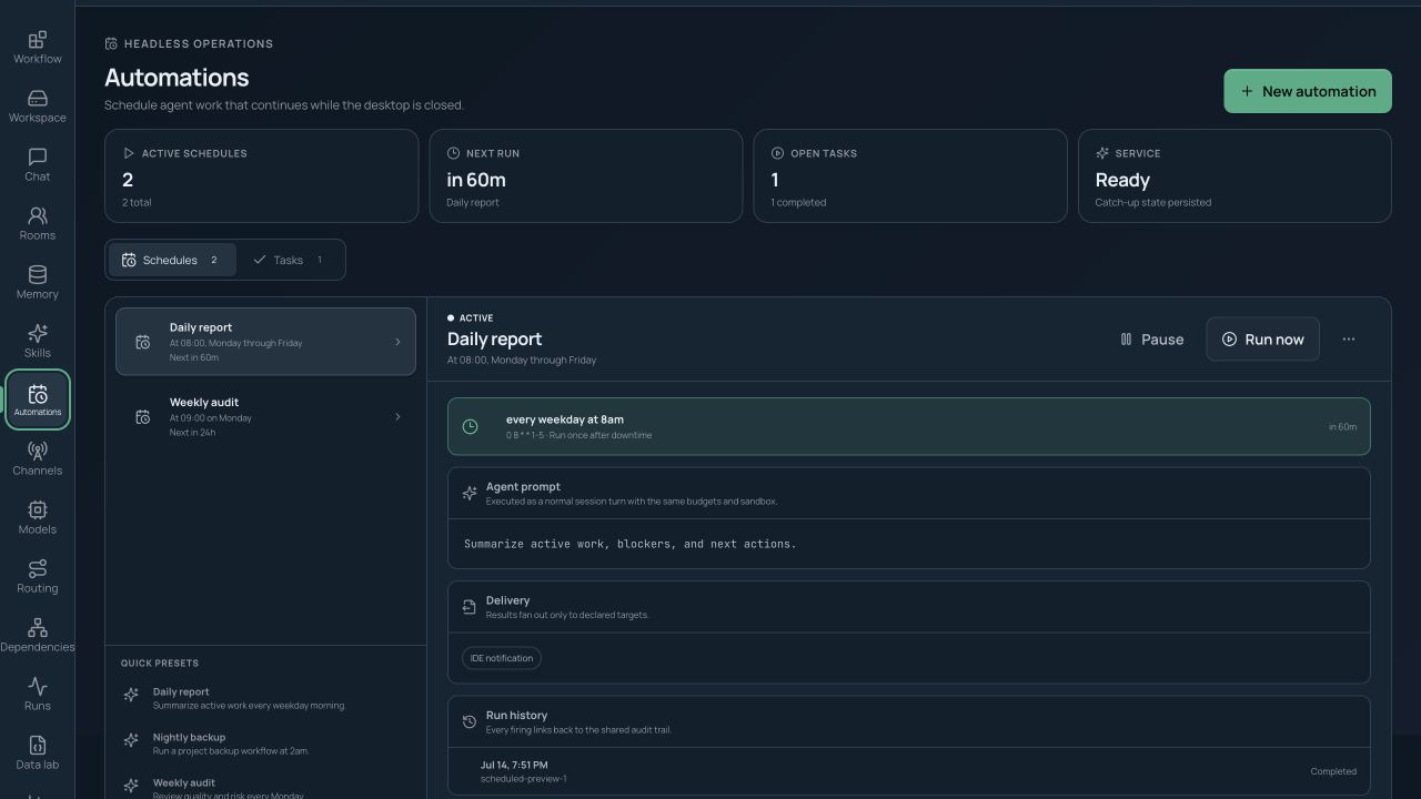 Automation manager showing schedules, next runs, delivery targets, tasks, and run-now controls