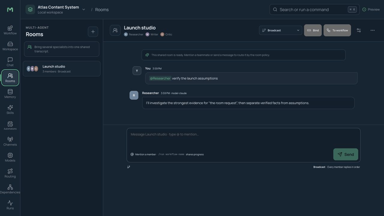 Multi-agent room with participants, routing policy, shared transcript, and room actions