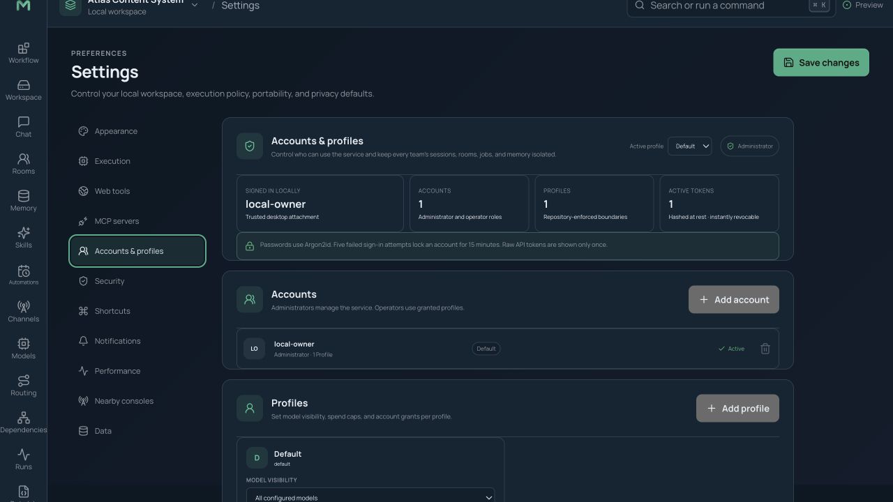 Account and profile settings with roles, visibility, budgets, tokens, and lifecycle controls
