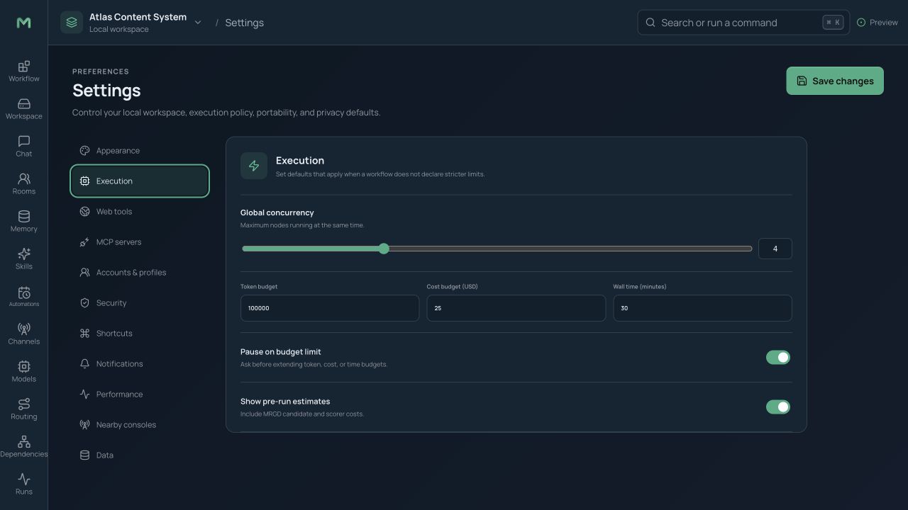 Execution settings with backend, concurrency, budget, retry, and approval defaults