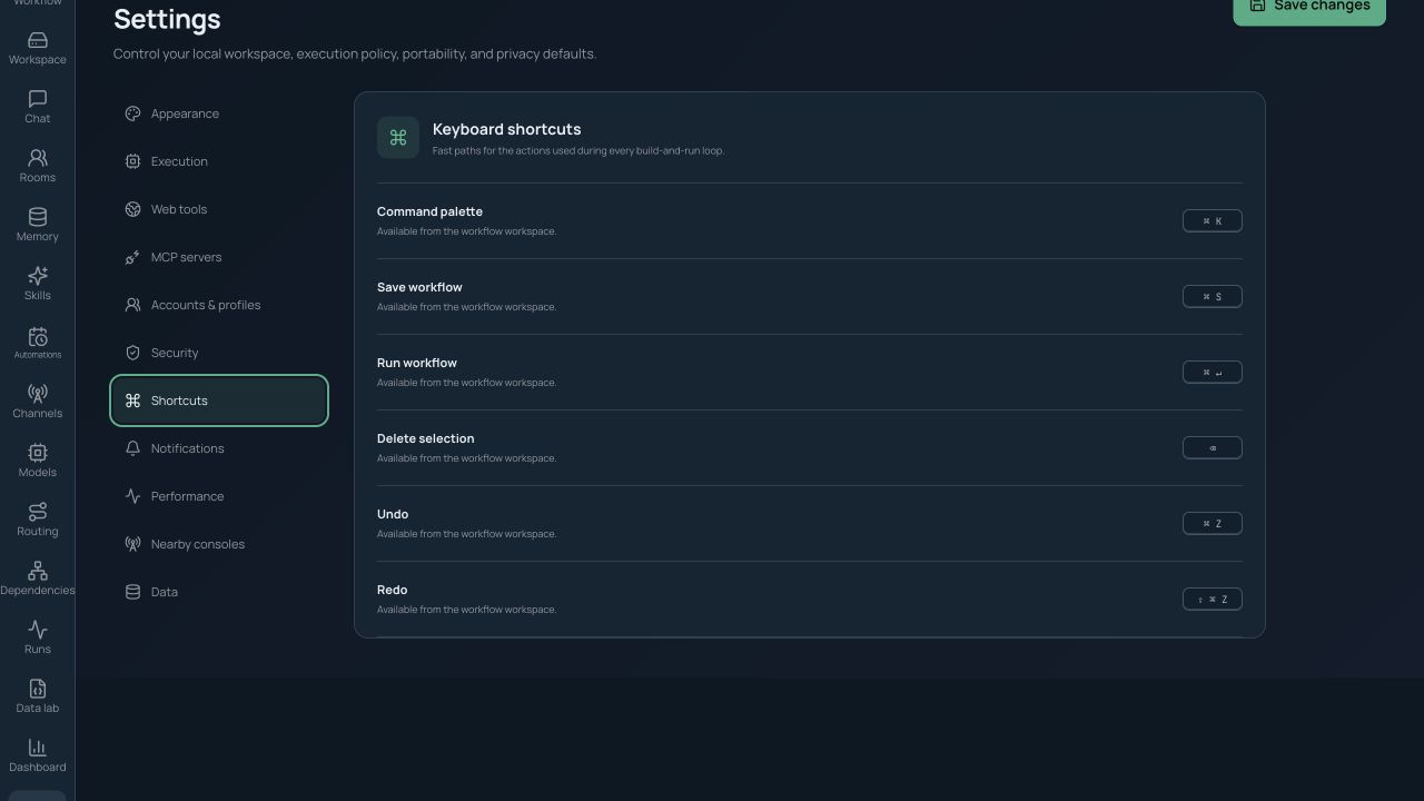 Shortcut settings with searchable commands and customizable key bindings