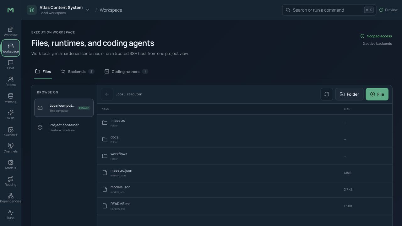 Workspace file browser with backend selector, project tree, editor, and file actions
